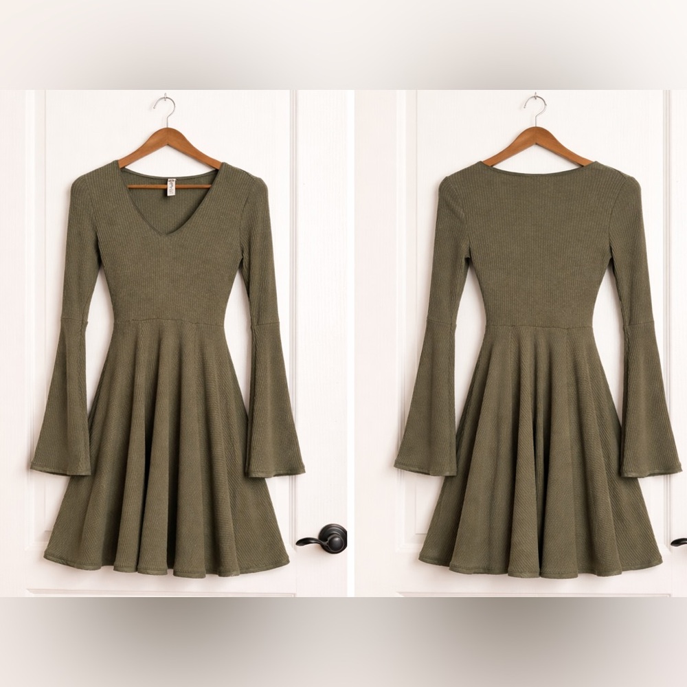 American Rag Olive Green Ribbed V-Neck Dress with Bell Sleeves